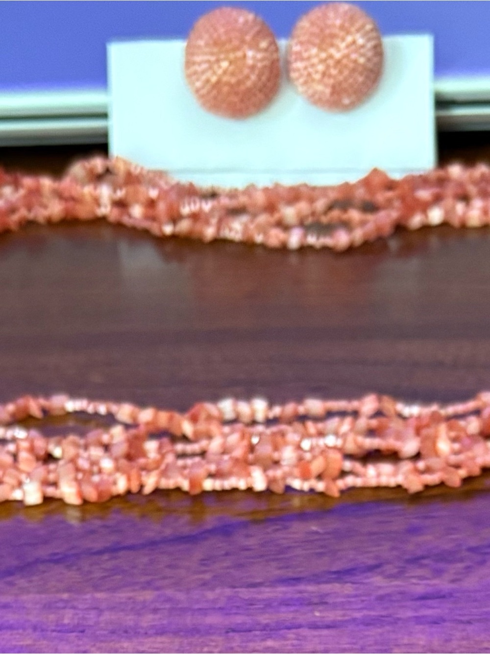 Vintage Handmade Coral Pink Chip Necklace and Clip Earrings Set
